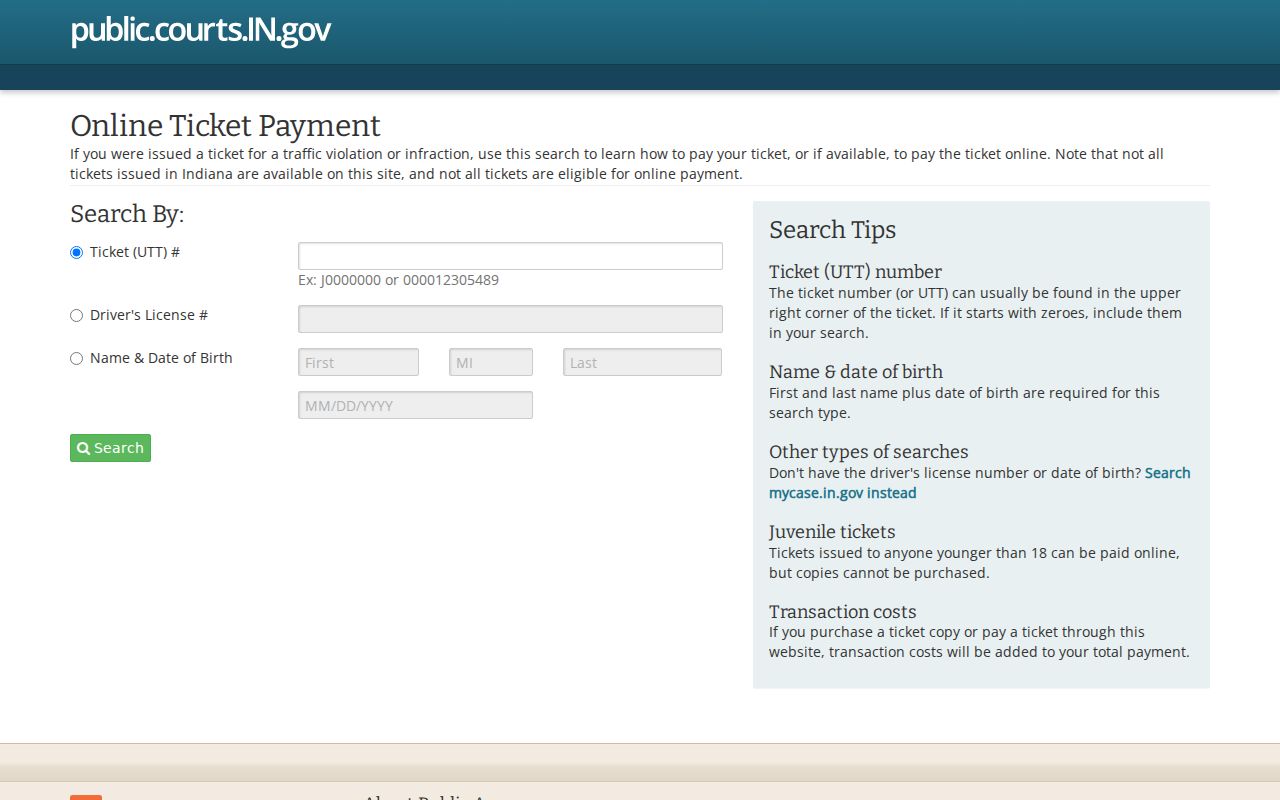 Official Indiana court payment portal used for eligible Beech Grove court payments
