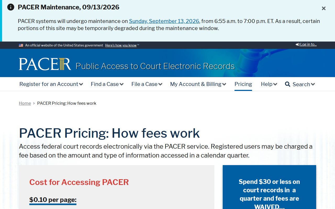 Official PACER federal court record access pricing information